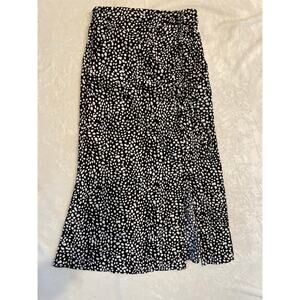 YOZY Polka Dot Print Midi Skirt Black White L Flowy Slit Dotted A-Line Side Tie